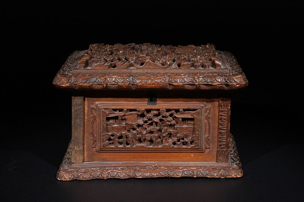 Lot 326: A Chinese Hardwood Lidded Box with Figural Court...