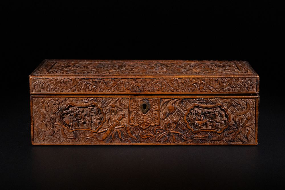 Lot 327: A Chinese Carved Wooden Scholar’s Box with Floral...