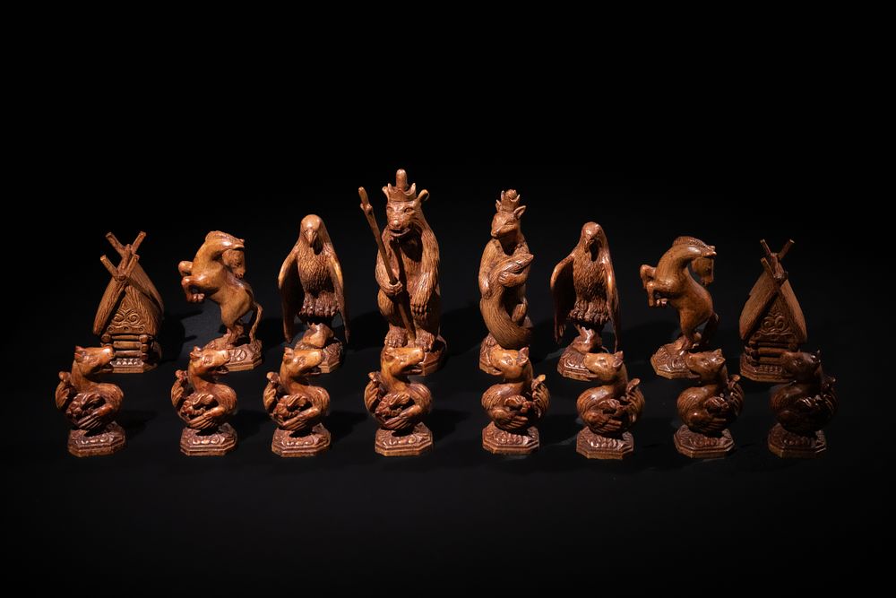 Lot 391: A Swiss Figural Wooden Chess Set in Marquetry-Inlaid...
