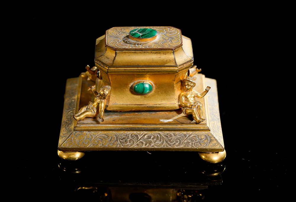 Lot 393: A French Ormolu Inkwell with Malachite and Green...