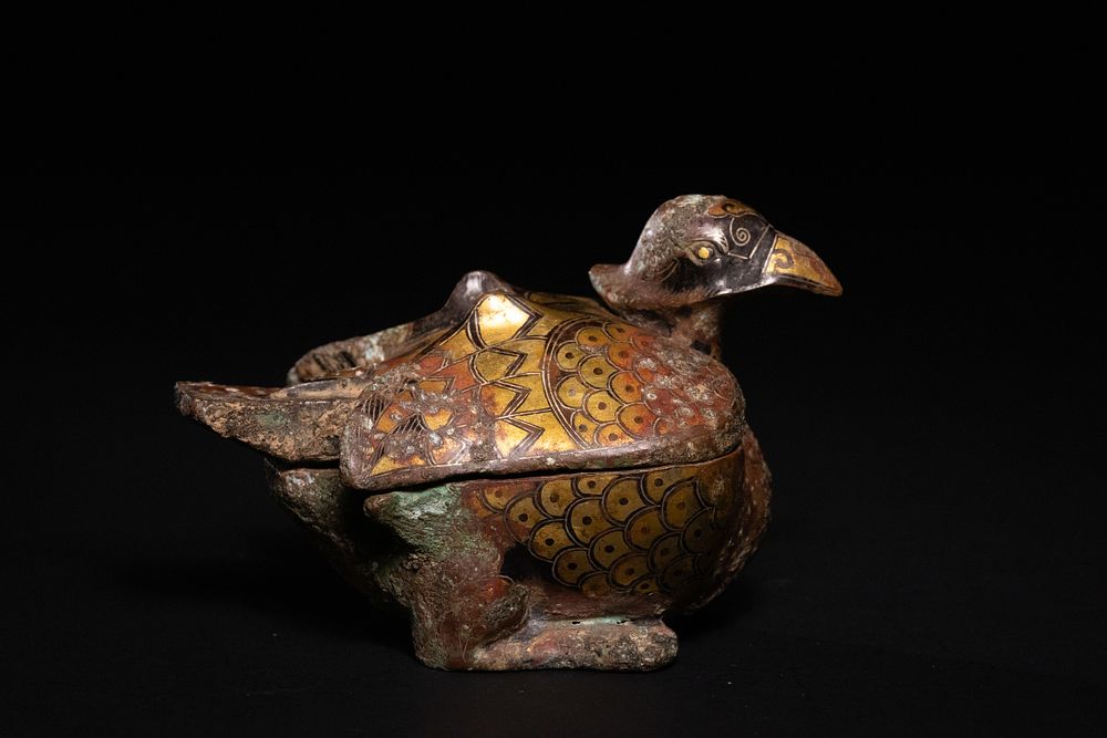Lot 314: A Chinese Bronze Duck-Form Lidded Box with Gold...