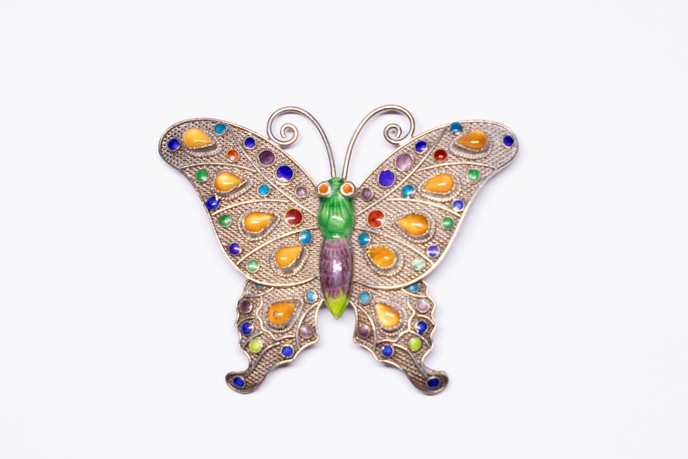 Lot 358: A Chinese Silver Filigree Butterfly Brooch with Cloisonné,...