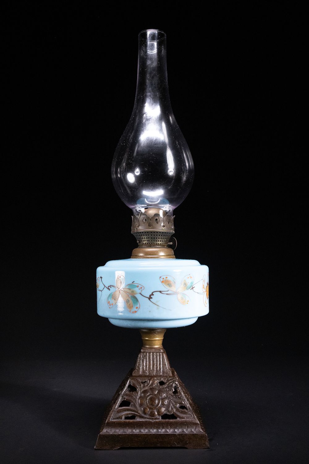 Lot 393: A Victorian Opaline Glass Oil Lamp with Butterfly...