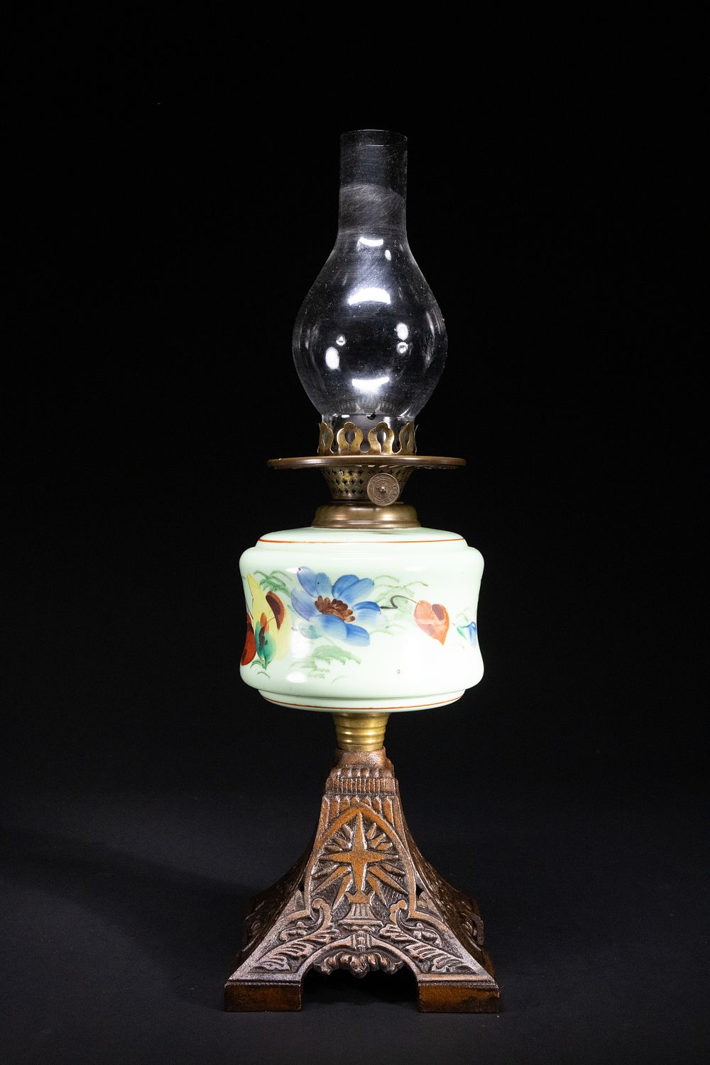 Lot 394: A Victorian Hand-Painted Opaline Glass Oil Lamp, 19th...
