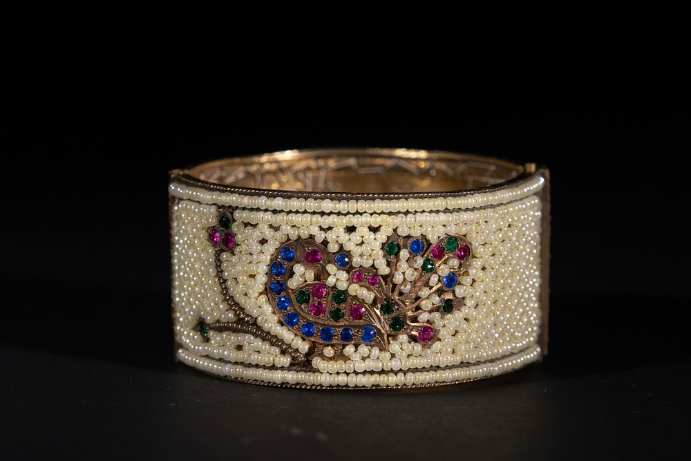 Lot 156: An Indian Silver Glass-Set Cuff Bracelet with Pearl...