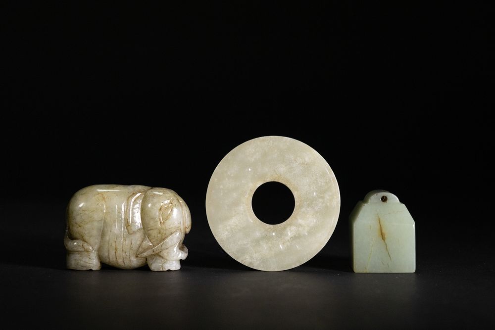 Lot 265: A Lot of Three Chinese Jade Carvings: Elephant,...