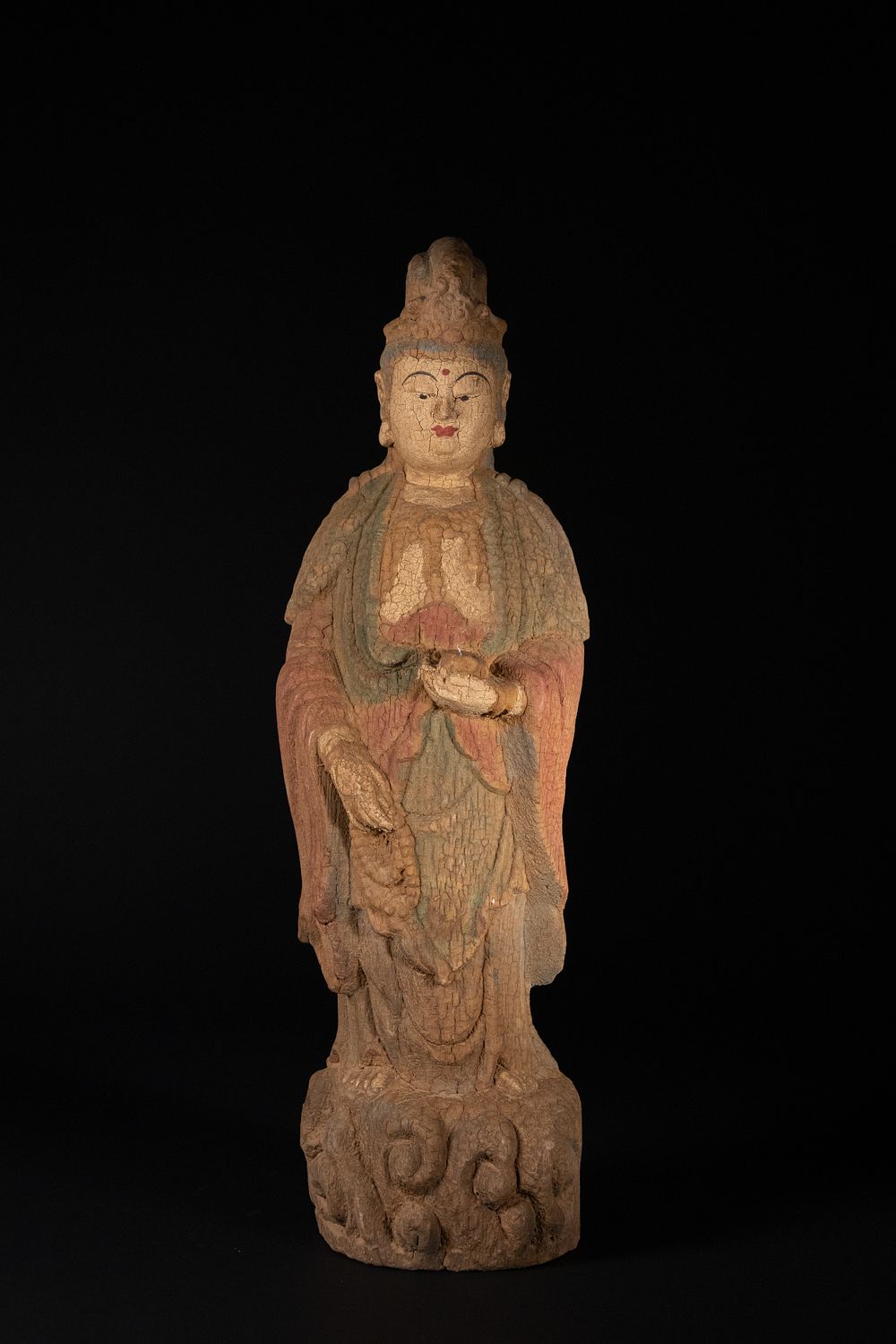 Lot 305: A Chinese Polychrome Painted Wooden Figure of Guanyin.