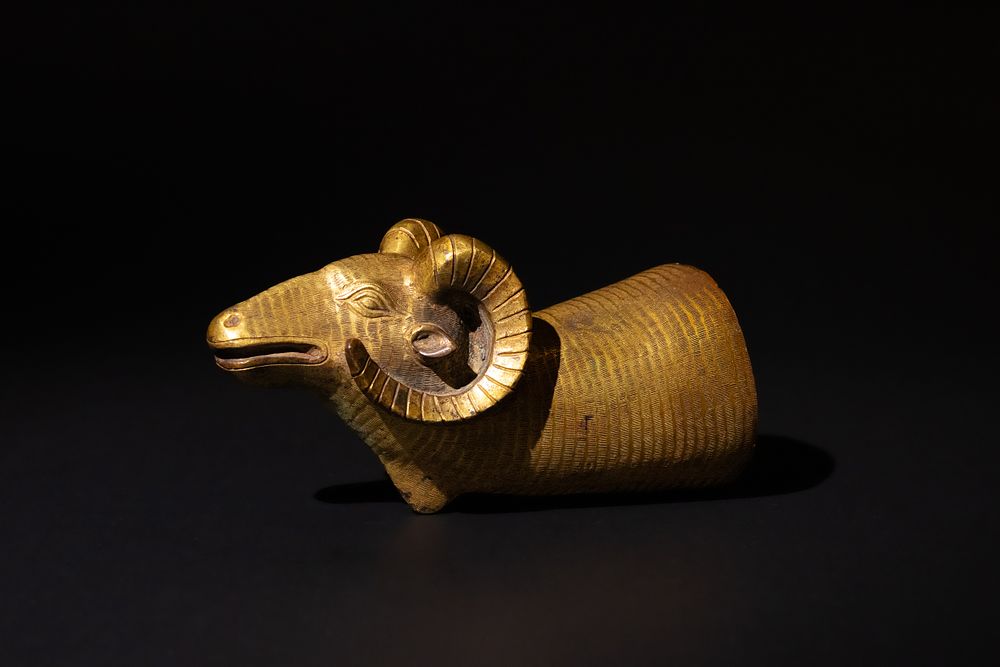 Lot 344: A Rare Chinese Gilt Bronze Ram’s Head Terminal,...