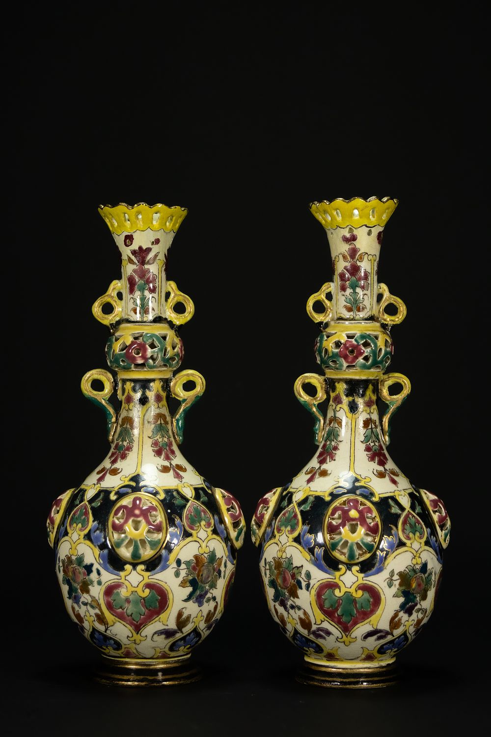Lot 369: A Pair of Zsolnay Enamelled Vases with Applied...