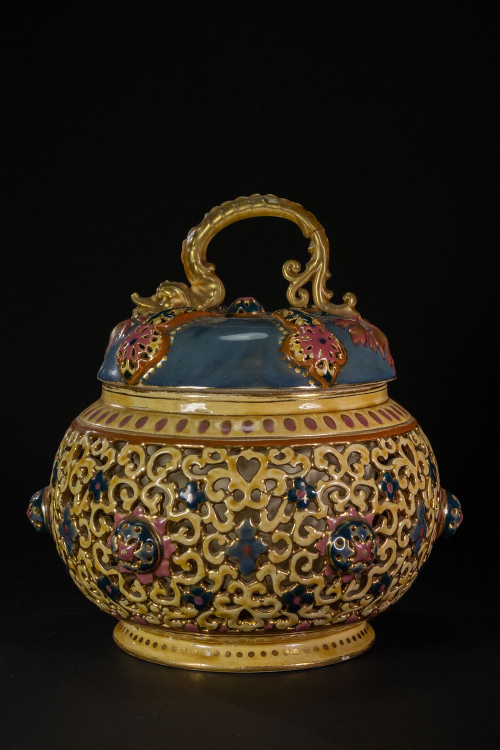 Lot 373: A Zsolnay Pécs Pierced and Polychrome Lidded Vase,...