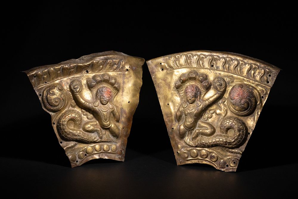 Lot 218: A Pair of Tibetan Brass Architectural Plaques, 17th–18th...