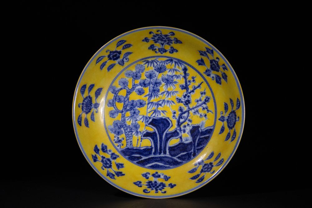 Lot 247: A Chinese Blue and Yellow ‘Three Friends of...
