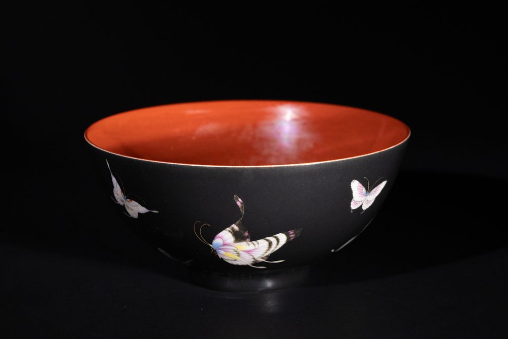 Lot 304: A Chinese Black-Ground Porcelain Bowl with Polychrome Butterfly...