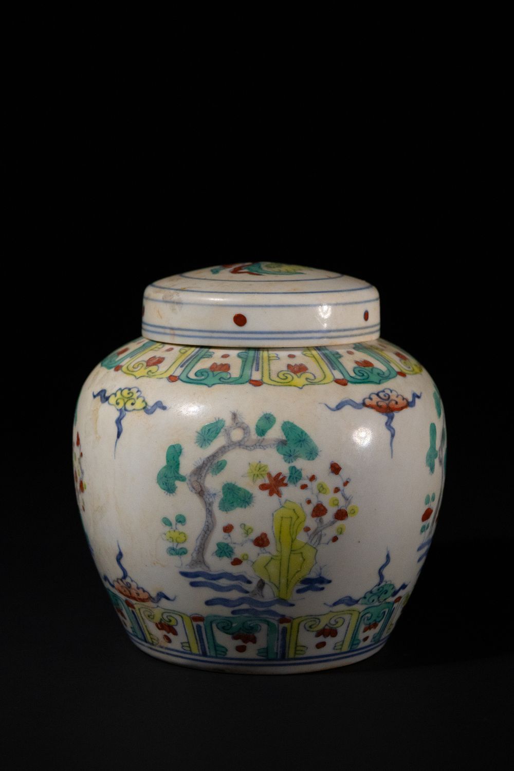 Lot 311: A Chinese Wucai Porcelain Lidded Jar with Floral...