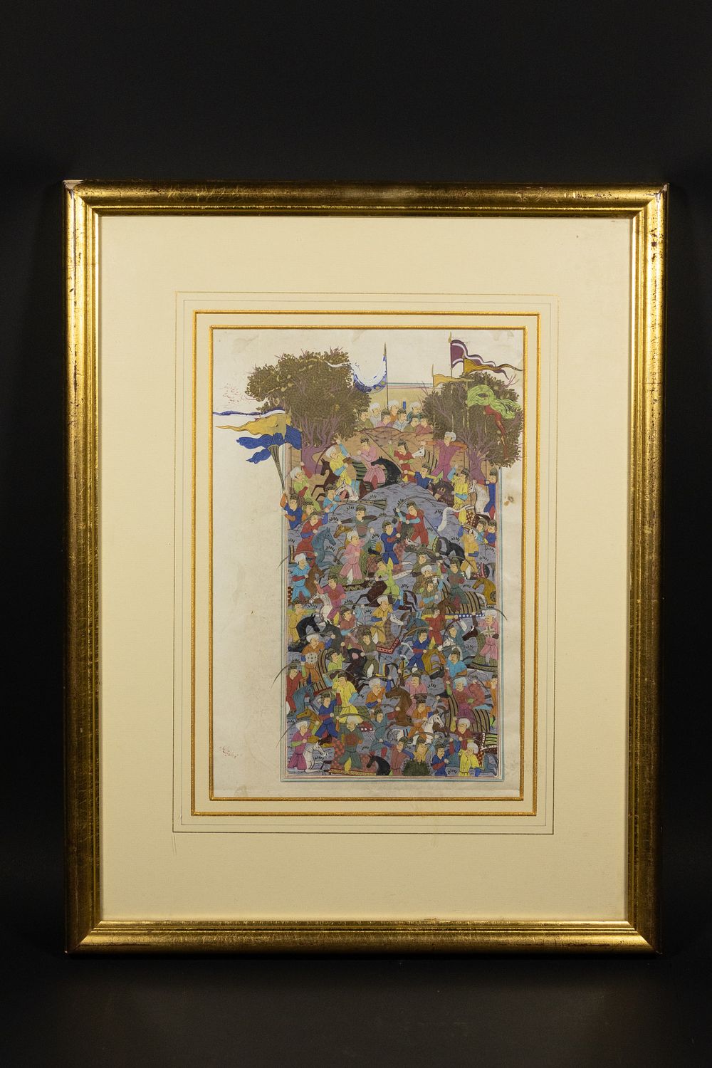 Lot 204: A Late Qajar Framed Shahnamah Battle Scene Painting,...