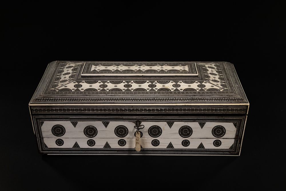 Lot 298: An Anglo-Indian Sadeli Mosaic and Bone-Inlaid Wooden Sewing...