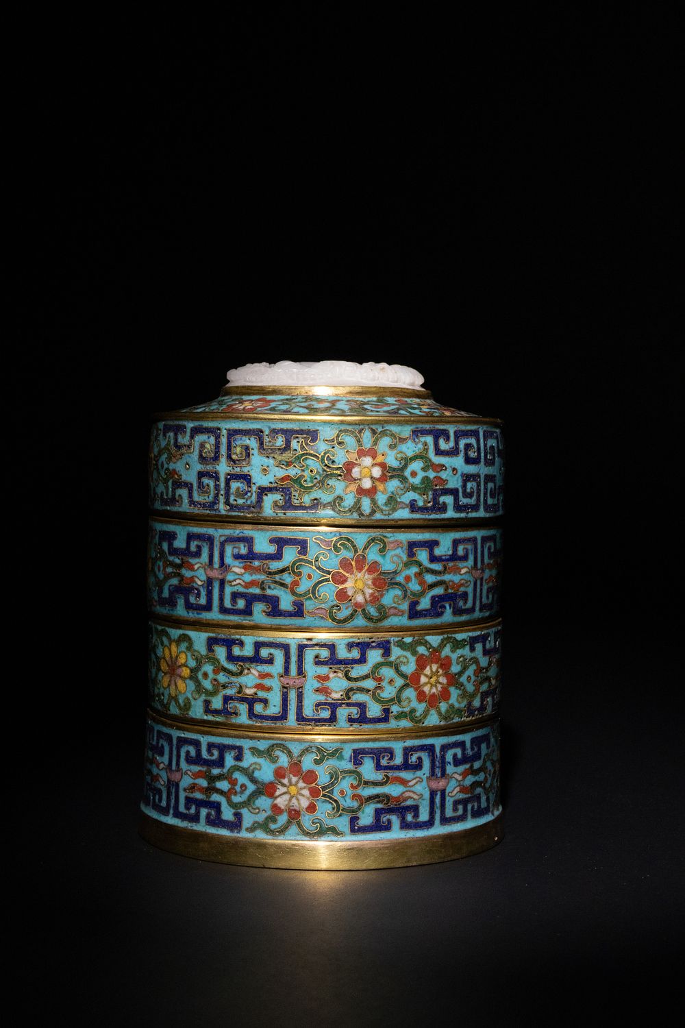 Lot 456: A Chinese Cloisonné Enamel Stacking Box with Jade...