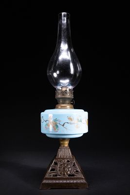 A Victorian Opaline Glass Oil Lamp with Butterfly Motif, 19th Century. An oil lamp featuring a 