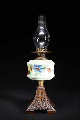 A Victorian Hand-Painted Opaline Glass Oil Lamp, 19th Century. An oil lamp featuring a 