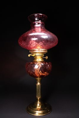A Late Victorian Cranberry Opaline Glass Oil Lamp with Brass Column Base, 19th Century. An oil 