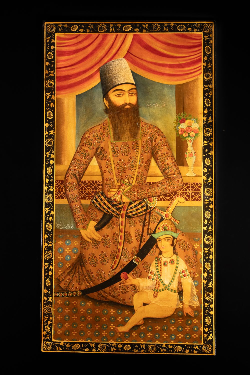 Lot 212: A Qajar Lacquer Panel Depicting a Nobleman with...