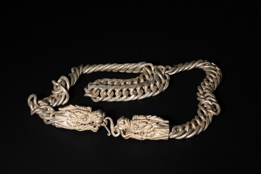 Lot 333: A Chinese Tibetan White Metal Double Dragon Necklace...