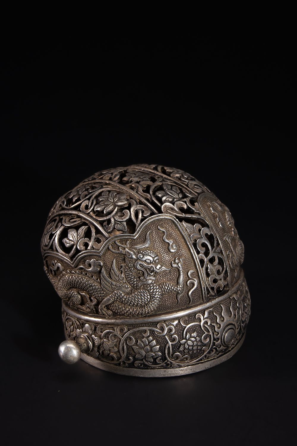 Lot 430: A Chinese White Metal Openwork Dragon Headdress Ornament.