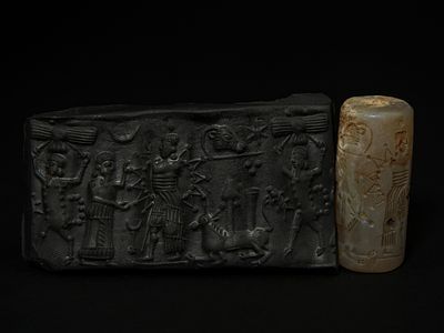 A Neo-Assyrian / Neo-Babylonian Style Agate Cylinder Seal, Possibly Circa 800–600 B.C.. A 