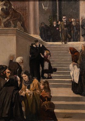 A French School Oil on Canvas Depicting an Adjourned Court Scene, “Eagerly Awaiting the Outcome 