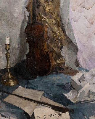 A Russian Oil on Canvas Still Life with Violin, Candle and Sheet Music by Sergei Menikov. A 