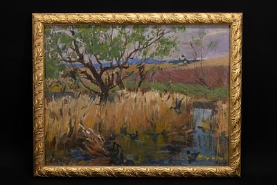A Russian Oil on Canvas Landscape “Болотце” (Bolotse), Signed and Dated 1950. A mid-20th 