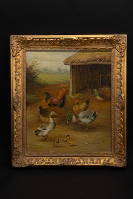 A Dutch Oil on Board of a Farmyard Scene with Chickens and Ducks, Early–Mid 20th Century. An 
