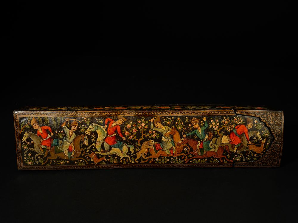 Lot 196: A Qajar Lacquer Qalamdan Pen Box with Equestrian...