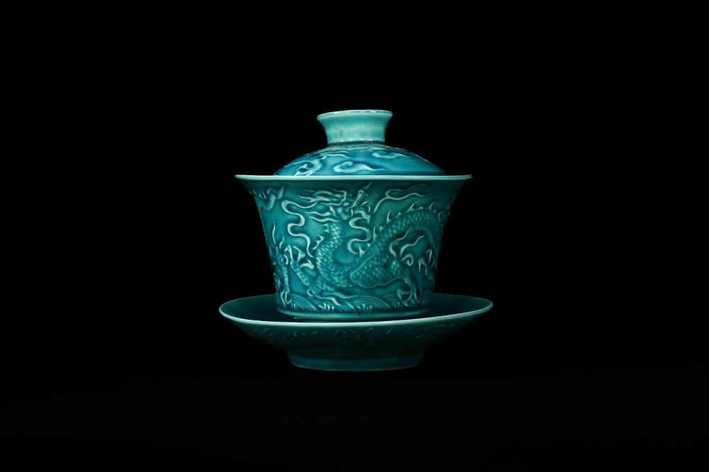 Lot 297: A Chinese Turquoise-Green Glazed Porcelain Gaiwan with Dragon...