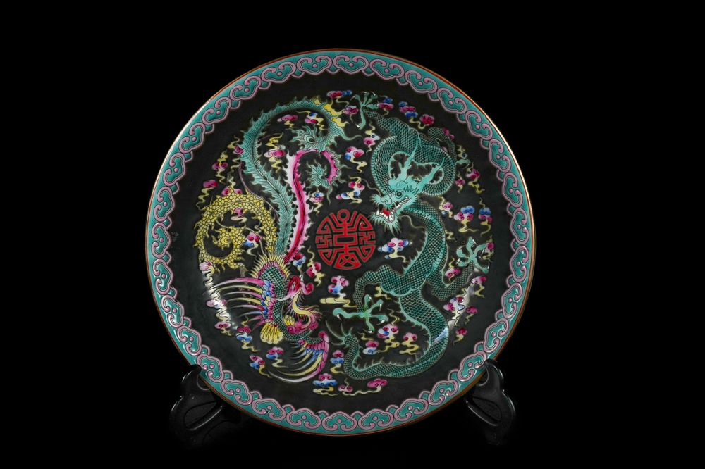 Lot 310: A Chinese Black Ground Porcelain Dragon and Phoenix...