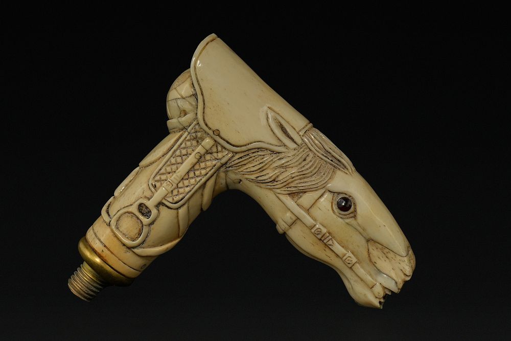 Lot 368: A Chinese Export Carved Bone Horse Head Cane...