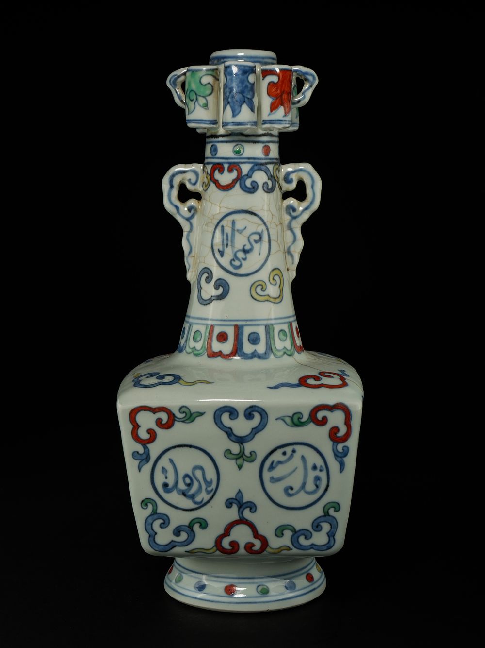 Lot 374: A Chinese Wucai Porcelain Square Vase with Multi-Tube...