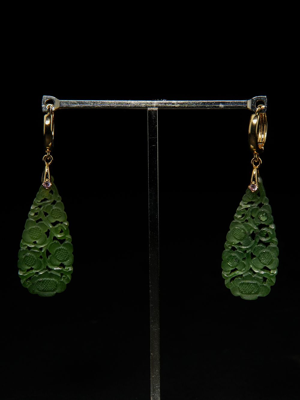 Lot 406: A Pair of Chinese Carved Green Jade Drop...