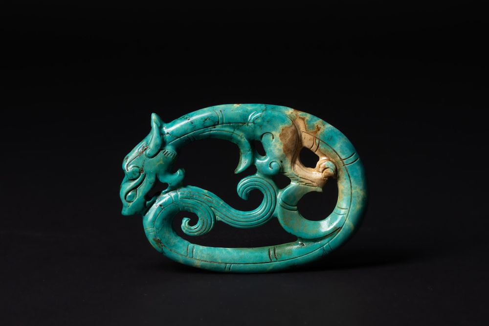 Lot 412: A Chinese Carved Turquoise Plaque with Confronted Mythical...
