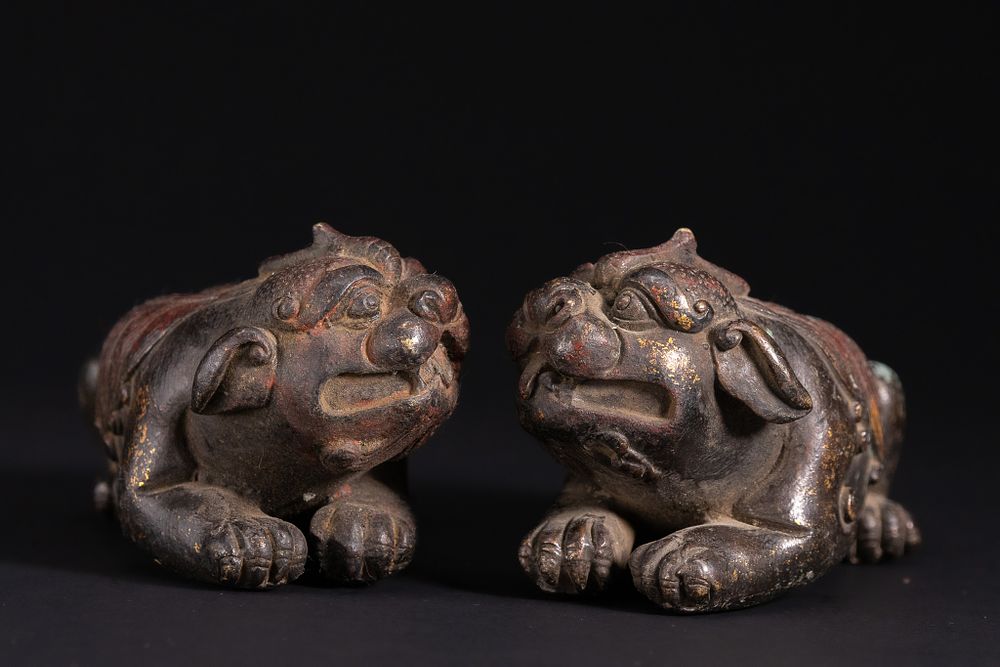 Lot 419: A Pair of Japanese Bronze Mythical Lion (Komainu)...