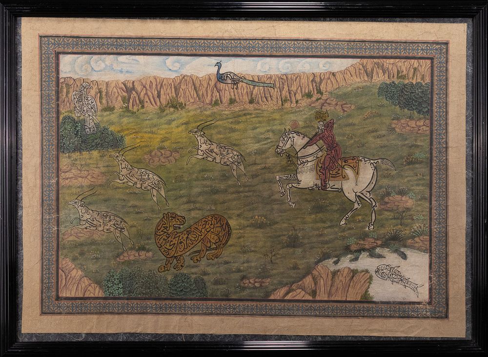 Lot 177: A Persian School Hunting Scene with Zoomorphic Calligraphy,...