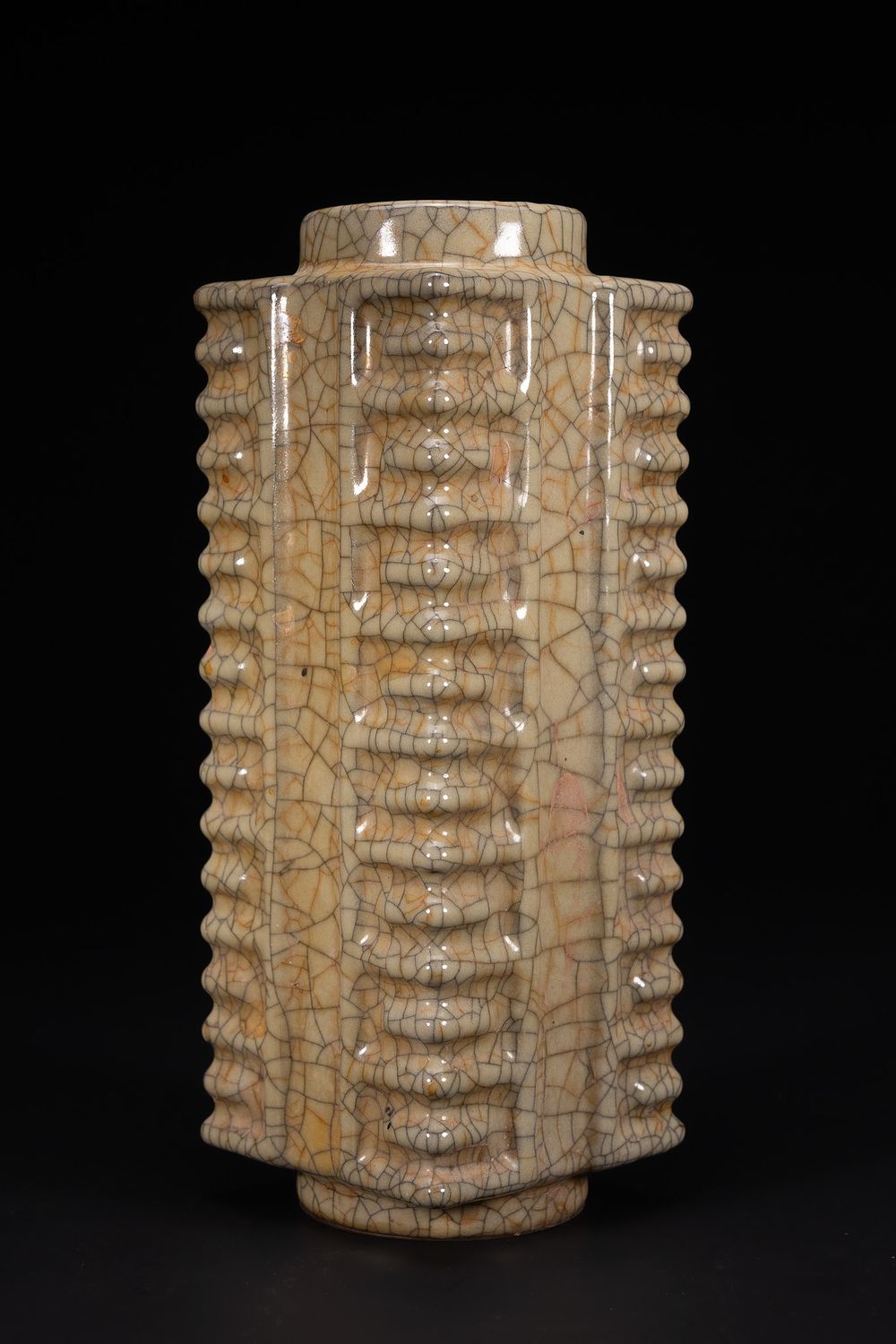 Lot 263: A Chinese Archaistic Crackle-Glazed Cong-Form Porcelain Vase.