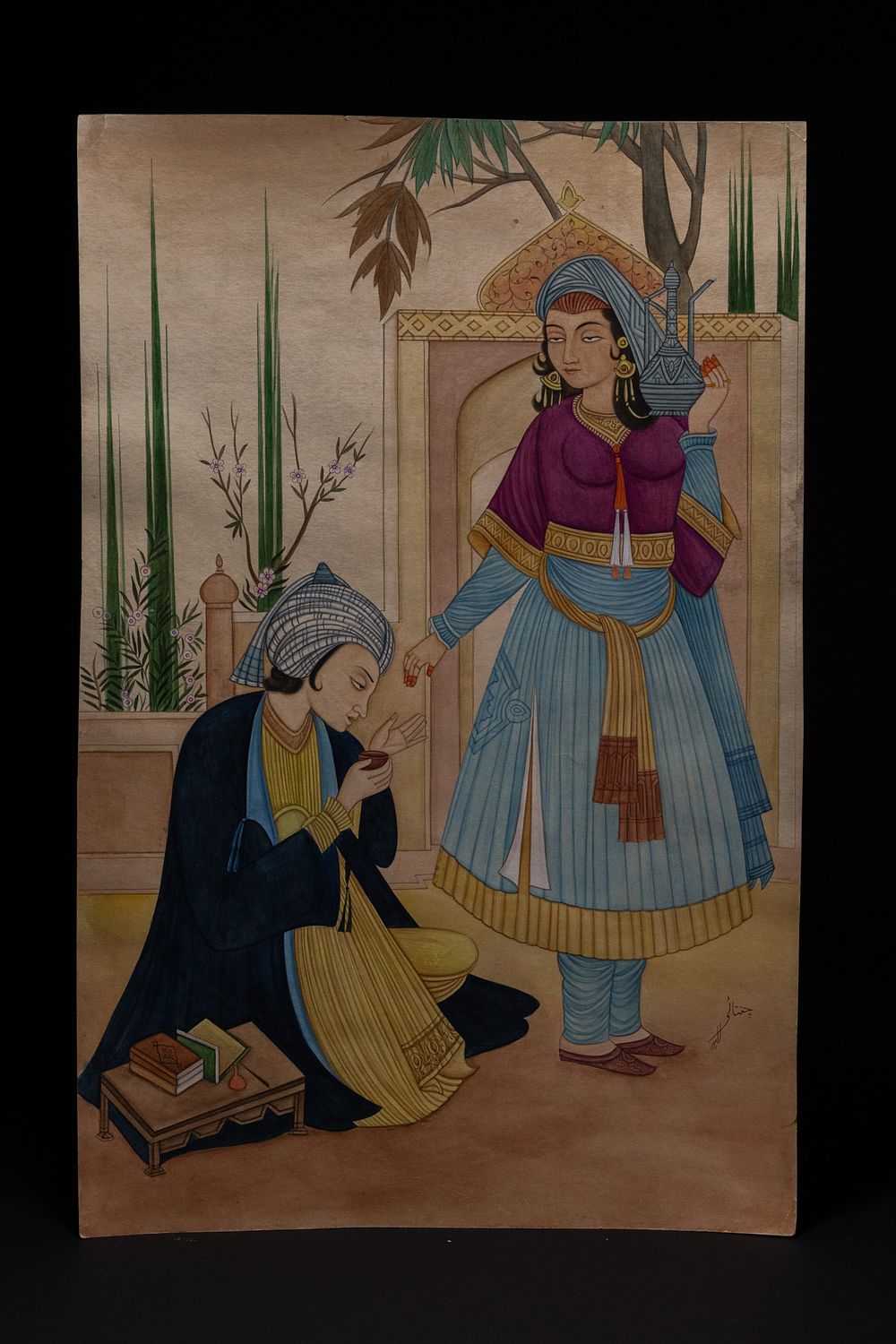 Lot 58: ABDUR RAHMAN CHUGHTAI, SEATED SCHOLAR AND ATTENDANT, WATERCOLOR AND GOUACHE ON PAPER.