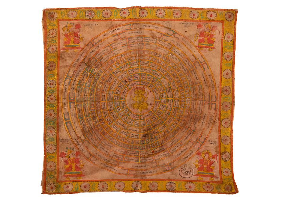 Lot 71: A NORTH INDIAN OR NEPALESE HAND-PAINTED SURI YANTRA MANDALA TEXTILE, 18TH CENTURY.