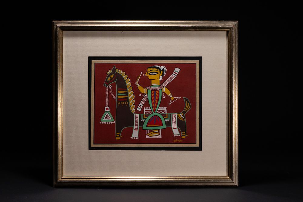 Lot 78: JAMINI ROY, WARRIOR ON HORSEBACK, WATERCOLOUR ON PAPER.