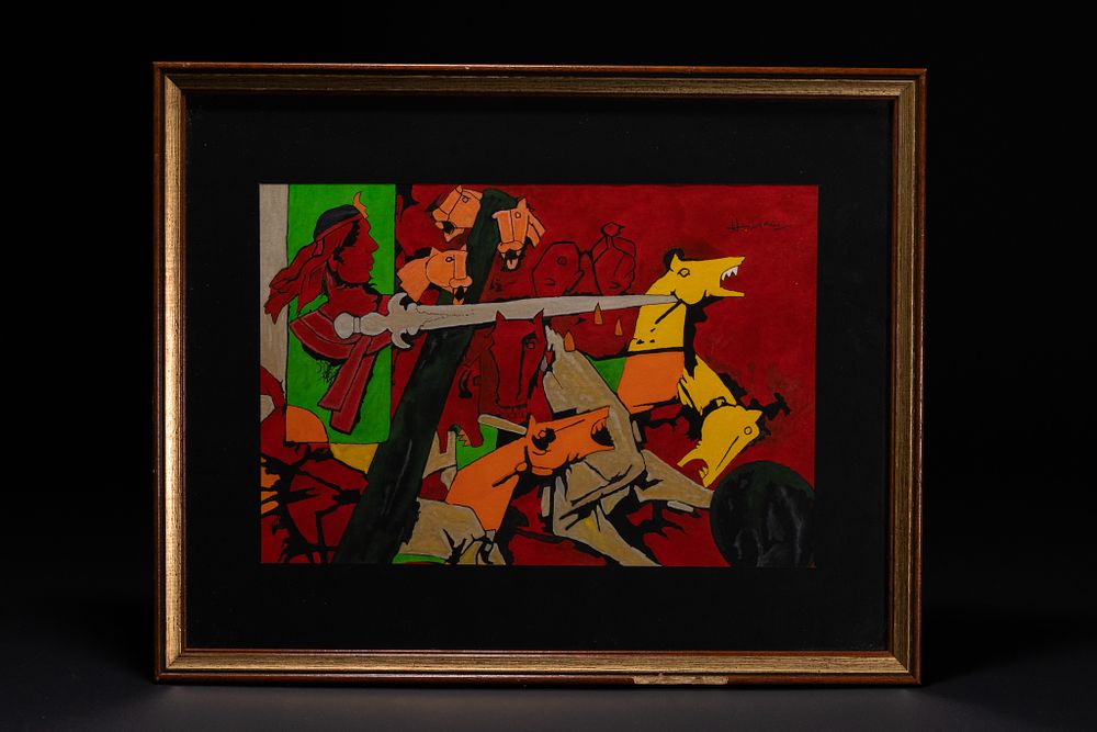 Lot 81: M. F. HUSAIN, GALLOPING HORSES, WATERCOLOUR ON PAPER.
