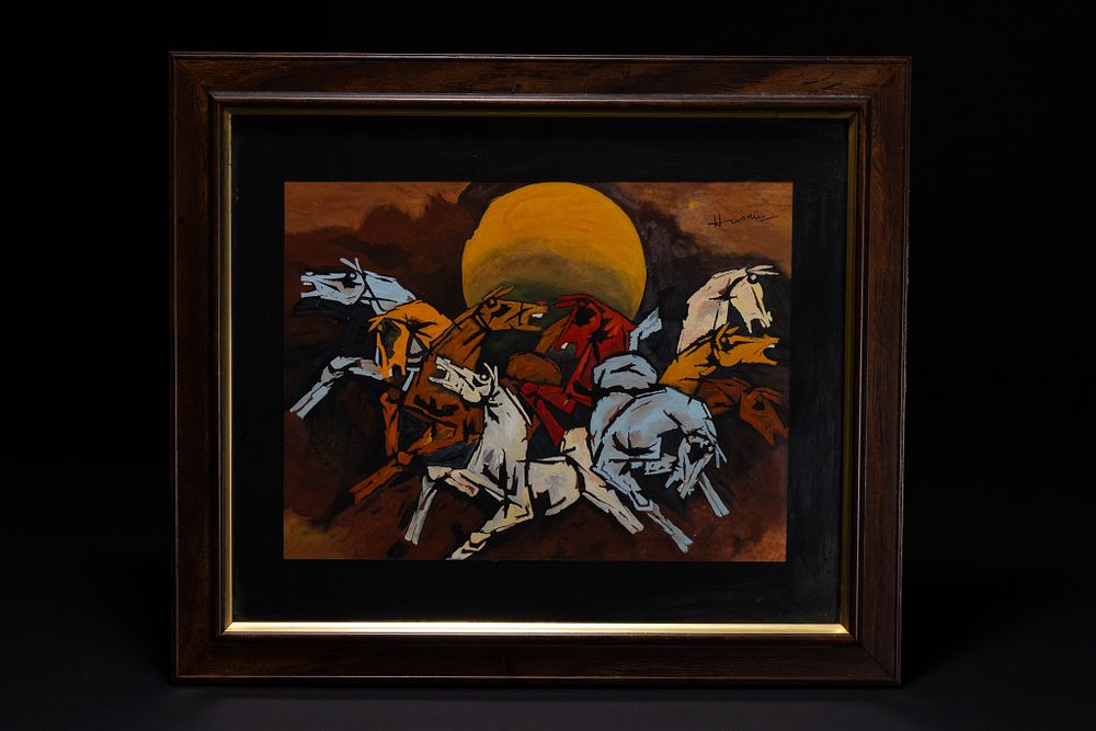 Lot 84: M.F. HUSAIN, HORSES OF THE SUN, WATERCOLOUR ON PAPER.