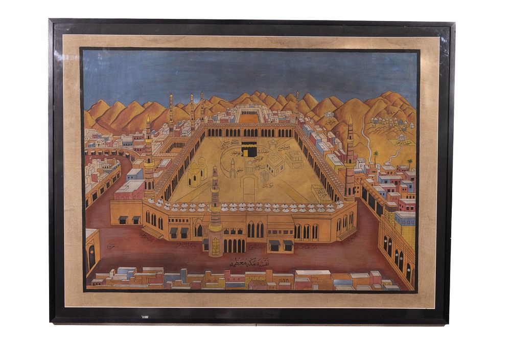 Lot 129: AN ISLAMIC PILGRIMAGE PAINTING OF THE MASJID AL-HARAM IN MECCA, 19TH CENTURY.
