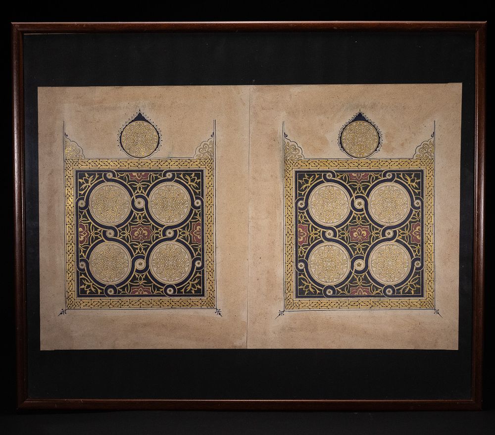 Lot 134: A PAIR OF ILLUMINATED QUR'AN FRONTISPIECE FOLIOS IN THE ILKHANID STYLE.