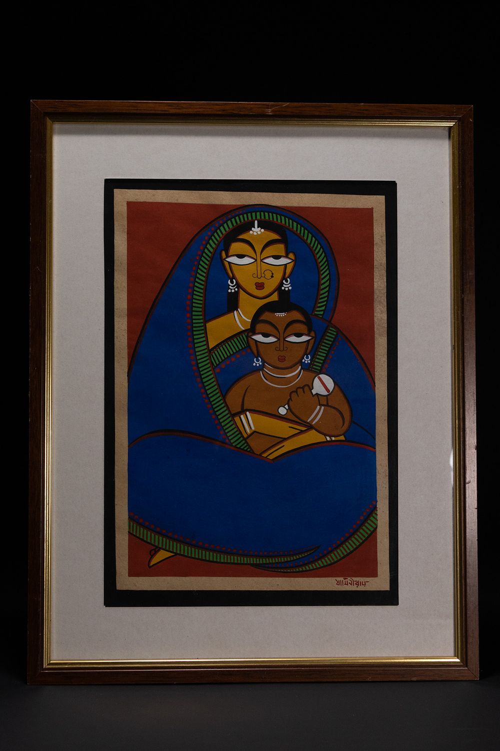 Lot 205: JAMINI ROY, GOUACHE AND TEMPERA ON PAPER, MOTHER AND CHILD.